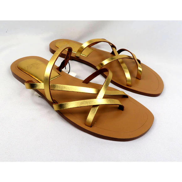 Zara Shoes Nwt Gold Zara Strappy Gold Leather Flat Slip On Flat